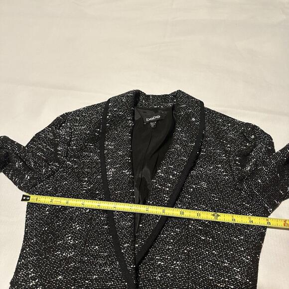 Bebe Tweed Blazer Jacket Sz 00 Black With White Specks 3/4 Sleeve Contrast Trim - Picture 7 of 12